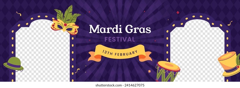 Happy Mardi Gras festival background. Mardi Gras carnival celebration. Cartoon Vector illustration design Template for Poster, Banner, Flyer, Greeting, Card, Post, Cover, Invitation. Mardi Gras parade