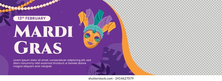 Happy Mardi Gras festival background. Mardi Gras carnival celebration. Cartoon Vector illustration design Template for Poster, Banner, Flyer, Greeting, Card, Post, Cover, Invitation. Mardi Gras parade