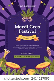 Fröhlicher Mardi Gras Festivalhintergrund. Mardi Gras Karnevalsfeier. Cartoon Vektorgrafik Design Vorlage für Poster, Banner, Flyer, Gruß, Karte, Post, Cover, Einladung. Mardi Gras Parade