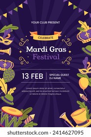 Fröhlicher Mardi Gras Festivalhintergrund. Mardi Gras Karnevalsfeier. Cartoon Vektorgrafik Design Vorlage für Poster, Banner, Flyer, Gruß, Karte, Post, Cover, Einladung. Mardi Gras Parade