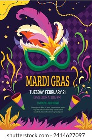 Happy Mardi Gras festival background. Mardi Gras carnival celebration. Cartoon Vector illustration design Template for Poster, Banner, Flyer, Greeting, Card, Post, Cover, Invitation. Mardi Gras parade