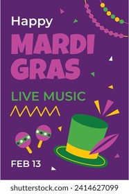 Happy Mardi Gras festival background. Mardi Gras carnival celebration. Cartoon Vector illustration design Template for Poster, Banner, Flyer, Greeting, Card, Post, Cover, Invitation. Mardi Gras parade