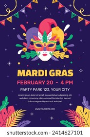 Happy Mardi Gras festival background. Mardi Gras carnival celebration. Cartoon Vector illustration design Template for Poster, Banner, Flyer, Greeting, Card, Post, Cover, Invitation. Mardi Gras parade