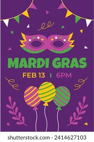 Happy Mardi Gras festival background. Mardi Gras carnival celebration. Cartoon Vector illustration design Template for Poster, Banner, Flyer, Greeting, Card, Post, Cover, Invitation. Mardi Gras parade