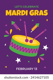 Happy Mardi Gras festival background. Mardi Gras carnival celebration. Cartoon Vector illustration design Template for Poster, Banner, Flyer, Greeting, Card, Post, Cover, Invitation. Mardi Gras parade