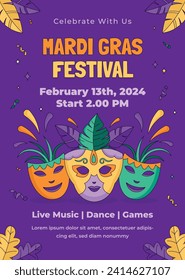 Happy Mardi Gras festival background. Mardi Gras carnival celebration. Cartoon Vector illustration design Template for Poster, Banner, Flyer, Greeting, Card, Post, Cover, Invitation. Mardi Gras parade