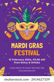 Happy Mardi Gras festival background. Mardi Gras carnival celebration. Cartoon Vector illustration design Template for Poster, Banner, Flyer, Greeting, Card, Post, Cover, Invitation. Mardi Gras parade