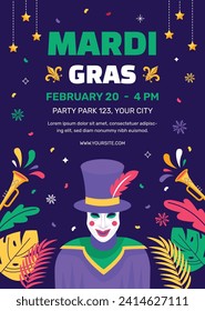 Happy Mardi Gras festival background. Mardi Gras carnival celebration. Cartoon Vector illustration design Template for Poster, Banner, Flyer, Greeting, Card, Post, Cover, Invitation. Mardi Gras parade