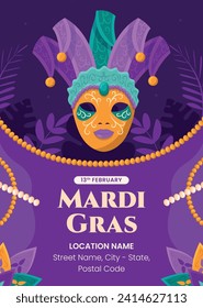 Happy Mardi Gras festival background. Mardi Gras carnival celebration. Cartoon Vector illustration design Template for Poster, Banner, Flyer, Greeting, Card, Post, Cover, Invitation. Mardi Gras parade