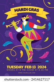 Happy Mardi Gras festival background. Mardi Gras carnival celebration. Cartoon Vector illustration design Template for Poster, Banner, Flyer, Greeting, Card, Post, Cover, Invitation. Mardi Gras parade