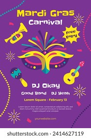 Happy Mardi Gras festival background. Mardi Gras carnival celebration. Cartoon Vector illustration design Template for Poster, Banner, Flyer, Greeting, Card, Post, Cover, Invitation. Mardi Gras parade