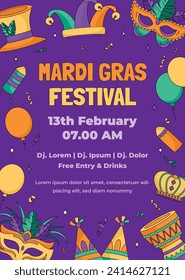 Fröhlicher Mardi Gras Festivalhintergrund. Mardi Gras Karnevalsfeier. Cartoon Vektorgrafik Design Vorlage für Poster, Banner, Flyer, Gruß, Karte, Post, Cover, Einladung. Mardi Gras Parade