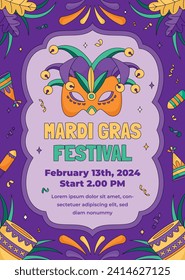 Felices antecedentes del festival Mardi Gras. Celebración del carnaval de Mardi Gras. Plantilla de diseño de ilustración de vectores de dibujos animados para afiches, pancartas, volantes, saludo, tarjeta, mensaje, portada, invitación. Desfile Mardi Gras