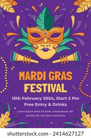 Happy Mardi Gras festival background. Mardi Gras carnival celebration. Cartoon Vector illustration design Template for Poster, Banner, Flyer, Greeting, Card, Post, Cover, Invitation. Mardi Gras parade