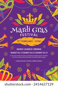 Happy Mardi Gras festival background. Mardi Gras carnival celebration. Cartoon Vector illustration design Template for Poster, Banner, Flyer, Greeting, Card, Post, Cover, Invitation. Mardi Gras parade