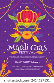 Happy Mardi Gras festival background. Mardi Gras carnival celebration. Cartoon Vector illustration design Template for Poster, Banner, Flyer, Greeting, Card, Post, Cover, Invitation. Mardi Gras parade