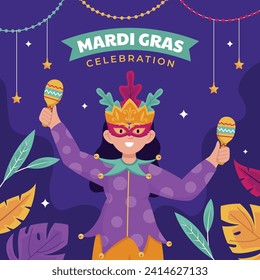 Happy Mardi Gras festival background. Mardi Gras carnival celebration. Cartoon Vector illustration design Template for Poster, Banner, Flyer, Greeting, Card, Post, Cover, Invitation. Mardi Gras parade