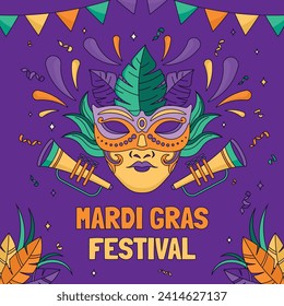 Happy Mardi Gras festival background. Mardi Gras carnival celebration. Cartoon Vector illustration design Template for Poster, Banner, Flyer, Greeting, Card, Post, Cover, Invitation. Mardi Gras parade