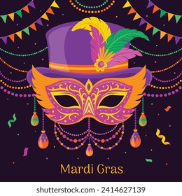 Happy Mardi Gras festival background. Mardi Gras carnival celebration. Cartoon Vector illustration design Template for Poster, Banner, Flyer, Greeting, Card, Post, Cover, Invitation. Mardi Gras parade