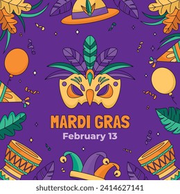 Happy Mardi Gras festival background. Mardi Gras carnival celebration. Cartoon Vector illustration design Template for Poster, Banner, Flyer, Greeting, Card, Post, Cover, Invitation. Mardi Gras parade