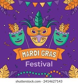 Happy Mardi Gras festival background. Mardi Gras carnival celebration. Cartoon Vector illustration design Template for Poster, Banner, Flyer, Greeting, Card, Post, Cover, Invitation. Mardi Gras parade