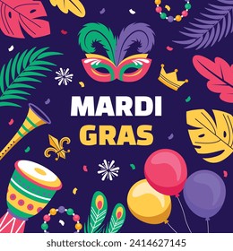 Fröhlicher Mardi Gras Festivalhintergrund. Mardi Gras Karnevalsfeier. Cartoon Vektorgrafik Design Vorlage für Poster, Banner, Flyer, Gruß, Karte, Post, Cover, Einladung. Mardi Gras Parade