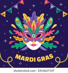 Fröhlicher Mardi Gras Festivalhintergrund. Mardi Gras Karnevalsfeier. Cartoon Vektorgrafik Design Vorlage für Poster, Banner, Flyer, Gruß, Karte, Post, Cover, Einladung. Mardi Gras Parade