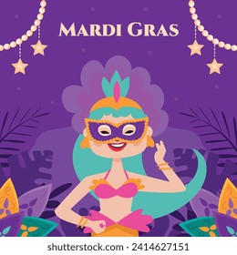 Happy Mardi Gras festival background. Mardi Gras carnival celebration. Cartoon Vector illustration design Template for Poster, Banner, Flyer, Greeting, Card, Post, Cover, Invitation. Mardi Gras parade