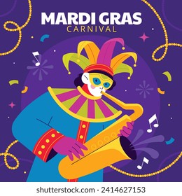 Happy Mardi Gras festival background. Mardi Gras carnival celebration. Cartoon Vector illustration design Template for Poster, Banner, Flyer, Greeting, Card, Post, Cover, Invitation. Mardi Gras parade