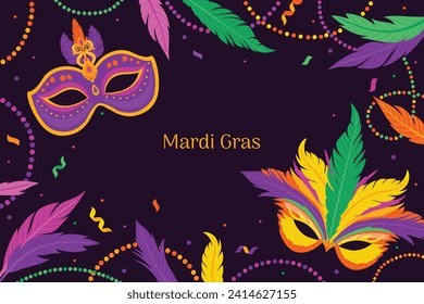 Fröhlicher Mardi Gras Festivalhintergrund. Mardi Gras Karnevalsfeier. Cartoon Vektorgrafik Design Vorlage für Poster, Banner, Flyer, Gruß, Karte, Post, Cover, Einladung. Mardi Gras Parade