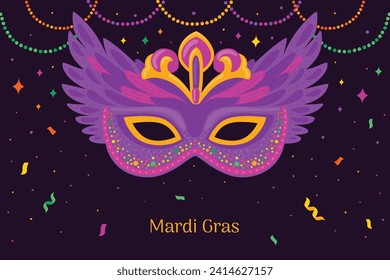 Happy Mardi Gras festival background. Mardi Gras carnival celebration. Cartoon Vector illustration design Template for Poster, Banner, Flyer, Greeting, Card, Post, Cover, Invitation. Mardi Gras parade