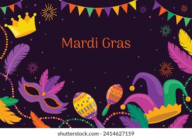 Happy Mardi Gras festival background. Mardi Gras carnival celebration. Cartoon Vector illustration design Template for Poster, Banner, Flyer, Greeting, Card, Post, Cover, Invitation. Mardi Gras parade