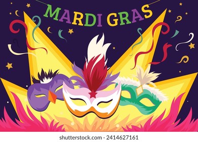 Happy Mardi Gras festival background. Mardi Gras carnival celebration. Cartoon Vector illustration design Template for Poster, Banner, Flyer, Greeting, Card, Post, Cover, Invitation. Mardi Gras parade