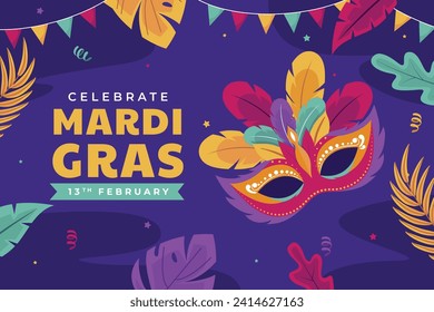 Fröhlicher Mardi Gras Festivalhintergrund. Mardi Gras Karnevalsfeier. Cartoon Vektorgrafik Design Vorlage für Poster, Banner, Flyer, Gruß, Karte, Post, Cover, Einladung. Mardi Gras Parade