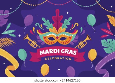 Happy Mardi Gras festival background. Mardi Gras carnival celebration. Cartoon Vector illustration design Template for Poster, Banner, Flyer, Greeting, Card, Post, Cover, Invitation. Mardi Gras parade