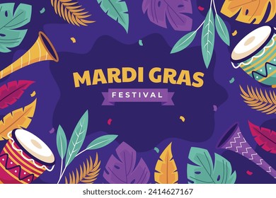 Fröhlicher Mardi Gras Festivalhintergrund. Mardi Gras Karnevalsfeier. Cartoon Vektorgrafik Design Vorlage für Poster, Banner, Flyer, Gruß, Karte, Post, Cover, Einladung. Mardi Gras Parade