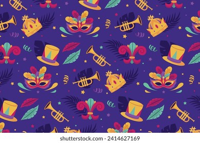 Happy Mardi Gras festival background. Mardi Gras carnival celebration. Cartoon Vector illustration design Template for Poster, Banner, Flyer, Greeting, Card, Post, Cover, Invitation. Mardi Gras parade