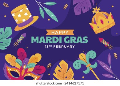 Happy Mardi Gras festival background. Mardi Gras carnival celebration. Cartoon Vector illustration design Template for Poster, Banner, Flyer, Greeting, Card, Post, Cover, Invitation. Mardi Gras parade