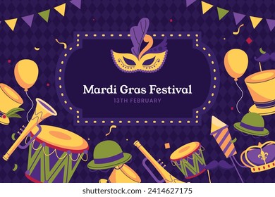 Fröhlicher Mardi Gras Festivalhintergrund. Mardi Gras Karnevalsfeier. Cartoon Vektorgrafik Design Vorlage für Poster, Banner, Flyer, Gruß, Karte, Post, Cover, Einladung. Mardi Gras Parade