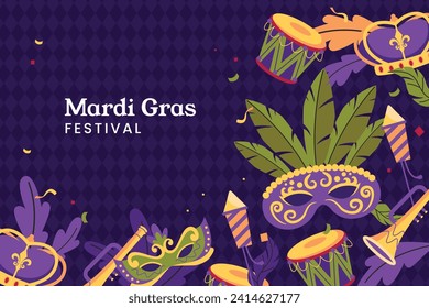 Happy Mardi Gras festival background. Mardi Gras carnival celebration. Cartoon Vector illustration design Template for Poster, Banner, Flyer, Greeting, Card, Post, Cover, Invitation. Mardi Gras parade