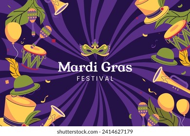 Happy Mardi Gras festival background. Mardi Gras carnival celebration. Cartoon Vector illustration design Template for Poster, Banner, Flyer, Greeting, Card, Post, Cover, Invitation. Mardi Gras parade