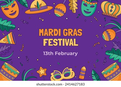 Happy Mardi Gras festival background. Mardi Gras carnival celebration. Cartoon Vector illustration design Template for Poster, Banner, Flyer, Greeting, Card, Post, Cover, Invitation. Mardi Gras parade