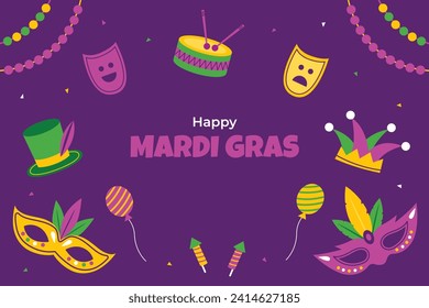 Happy Mardi Gras festival background. Mardi Gras carnival celebration. Cartoon Vector illustration design Template for Poster, Banner, Flyer, Greeting, Card, Post, Cover, Invitation. Mardi Gras parade