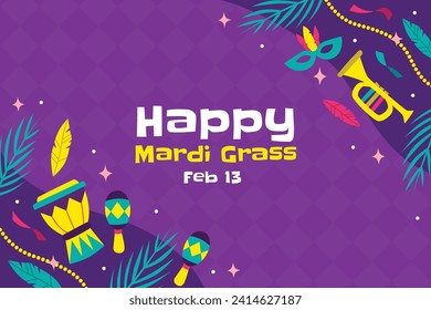 Happy Mardi Gras festival background. Mardi Gras carnival celebration. Cartoon Vector illustration design Template for Poster, Banner, Flyer, Greeting, Card, Post, Cover, Invitation. Mardi Gras parade