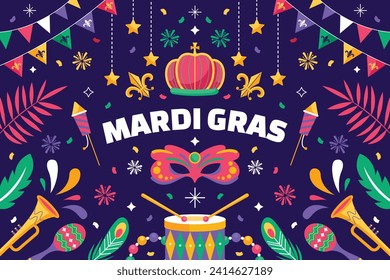 Felices antecedentes del festival Mardi Gras. Celebración del carnaval de Mardi Gras. Plantilla de diseño de ilustración de vectores de dibujos animados para afiches, pancartas, volantes, saludo, tarjeta, mensaje, portada, invitación. Desfile Mardi Gras