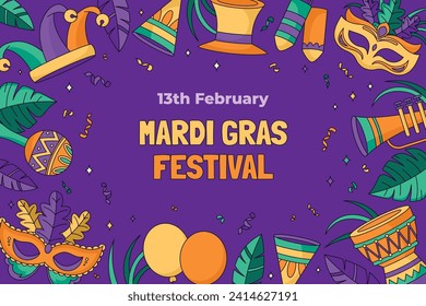 Happy Mardi Gras festival background. Mardi Gras carnival celebration. Cartoon Vector illustration design Template for Poster, Banner, Flyer, Greeting, Card, Post, Cover, Invitation. Mardi Gras parade