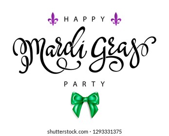 Happy Mardi Gras greeting card with Fleur-de-lis royal symbol, 3d realistic green bow and calligraphic lettering text design.