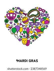 Happy Mardi Gras. Heart-shaped composition of the carnival symbols