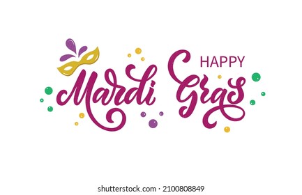 Happy Mardi Gras meaning Fat Tuesday lettering card. Hand drawn text. Modern brush ink calligraphy with mask, feathers, beads. Typography design for greeting card, poster, banner. Vector illustration