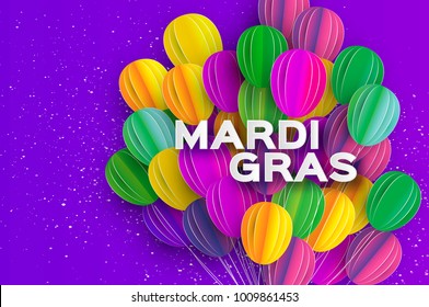 Happy Mardi Gras in paper cut style. Origami Carnival background with ballon. Colorful decoration for party, celebration, banner, card, gift. Bunch baloon. Seasonal holiday.